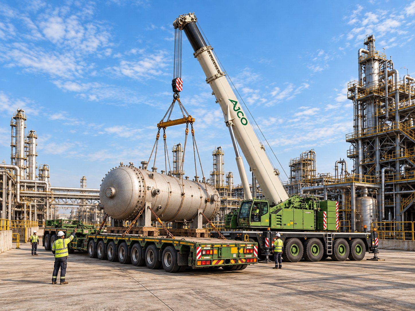 AJCO mobile crane lifting equipment at an industrial site